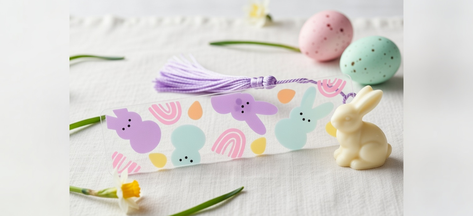 Decorative Easter ribbon with bunnies and eggs on a clear surface with Easter decorations.